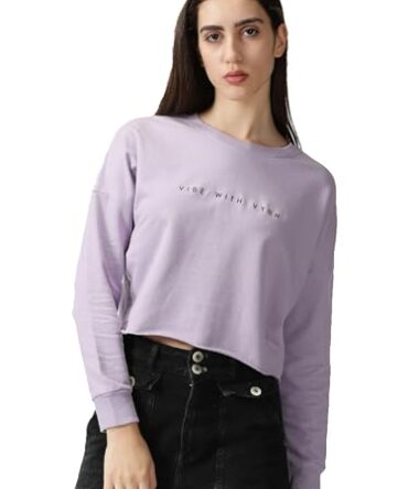 VYBN Women's Cotton Oversized Crop T-Shirt | Ribbed Cuff Long-Sleeve Solid Short Top | Drop Shoulder Loose Fit Crop Top | Casual, Soft Breathable Fabric | Solid Color and Boho Style (Pastel Lilac_XS)