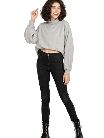 SELFYS Women's Cotton Polyester Blended Fleece Sweatshirt, Full Sleeve Crop Top with High Neck for Winters, Loose Fit Sweatshirts for Womens, Regular Fit Winter Wear for Girls (Glacier Grey)
