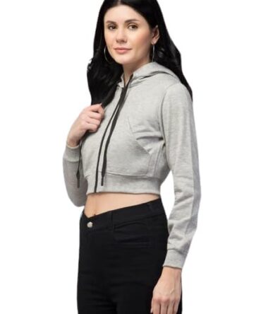 Prachikfashions Solid Long Hooded Neck Hoodie Zipper Crop Jacket For Women's | Grey, M