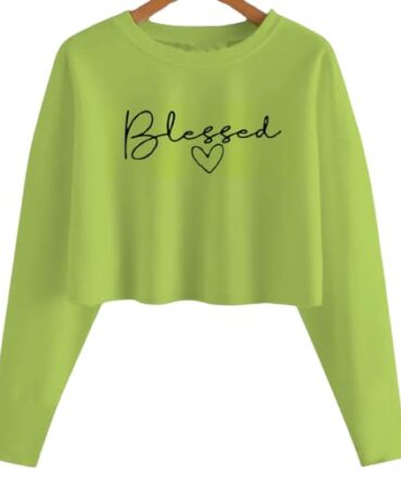 Anishq Casual Round Neck Printed Regular Fit Crop Top For Women Stylish Look With Full Sleeves Cotton Lycra Regular Fit Crop Top, Casual Wear, Top (Large, Green)