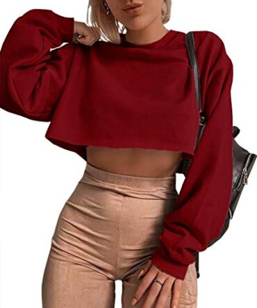 Artfish Women's Crewneck Long Sleeve Crop Tops Workout Casual Pullover Loose Sweatshirts (Burgundy,XS)