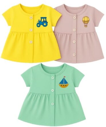 ANGAAKAR CLOTHINGS Baby Girls Cotton Frock, Regular Wear Knee Length Midi Dress for Girls, Frock Combo, Baby Girls Cotton Frock Dress Combo Pack of 3 (6 Months - 12 Months)