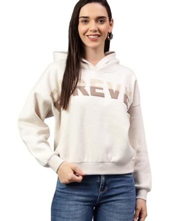 Cantabil Printed Beige Full Sleeves Regular Fit Women Casual Crop Sweatshirt with Hoodie | Winter Crop Sweatshirts for Women | Ladies Crop Sweatshirts for Winter Wear (LCSWS00001_ECRUMELANGE_XXL)