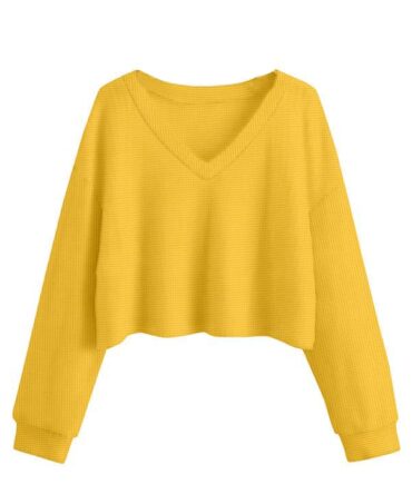 Ontarius Look Women's Cotton (Waffle) 2024 Summer Winter Spring Long Sleeve V-Neck Casual Workout Crop Tops for Women Gym Running Loose Tunic Tops (Large, Yellow)