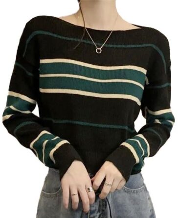 ICW Acrylic Women's Knit Loose Fit Boat Neck Drop Shoulder Crop Top Pullover Sweater (ONE Size Fit Bust 32-36 INCH) (Black)