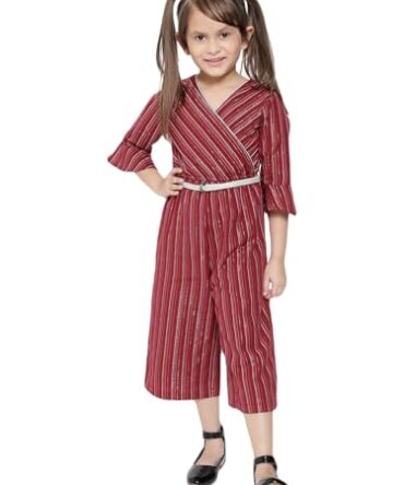 nauti nati Girls Maroon White Striped Pure Cotton Basic Jumpsuit Ankle Length Casual Dress (NN302-554