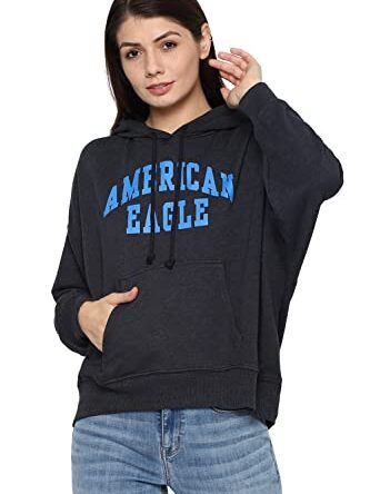 American Eagle Women Navy Fleece Graphic High-Low Hoodie