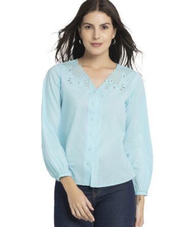 SHAYE V-Neck Blue Color Embroidered 3/4 Sleeve Casual Tops for Women