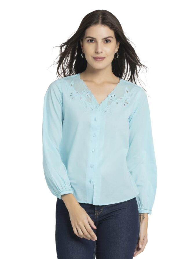 SHAYE V-Neck Blue Color Embroidered 3/4 Sleeve Casual Tops for Women