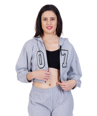 hotfits Women's Casual Grey Crop Top Long Sleeve Zip Up Hooded Sweatshirt | Stylish Dresses | Night, Gym, Vacation Wear - XL