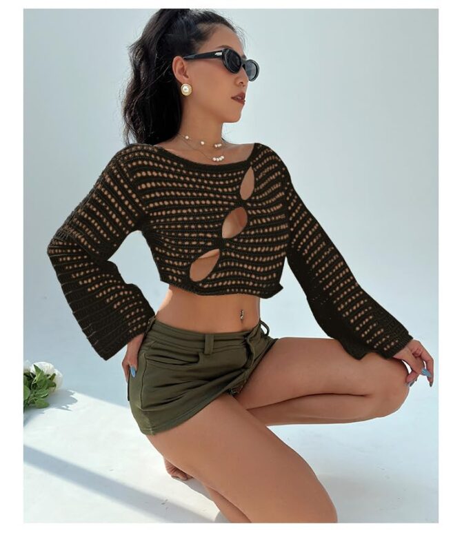 FURN ASPIRE Women's Crochet Crop Top Vintage-Inspired, Knitted Jumper with Long Sleeves, Loose fit, and a Crew Neck – Ideal Fashionable 4 Cover-up. - Image 6
