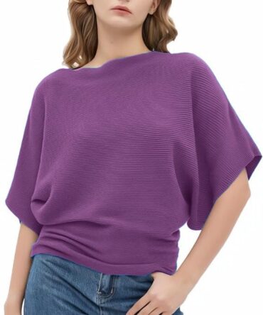 Zilcon Women Fashion Ribbed Batwing Sleeves Bagy Balloon Style Fit Top for Women t Shirts Women Formal, Casual, Office, Date, Outing, Party Tops (in, Alpha, XL, Regular, Autumn Purple)