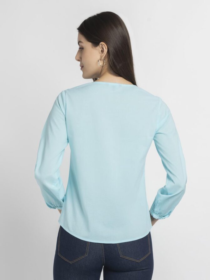 SHAYE V-Neck Blue Color Embroidered 3/4 Sleeve Casual Tops for Women - Image 6