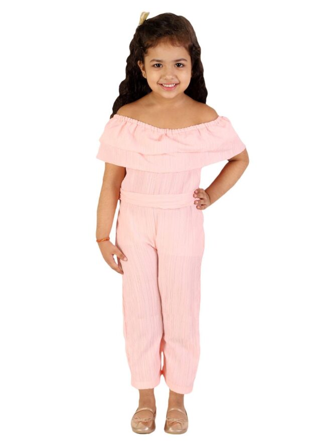 JBN Creation Girls' Peach Basic Off-Shoulder Jumpsuit_JBNGJS003PH_7-8Y