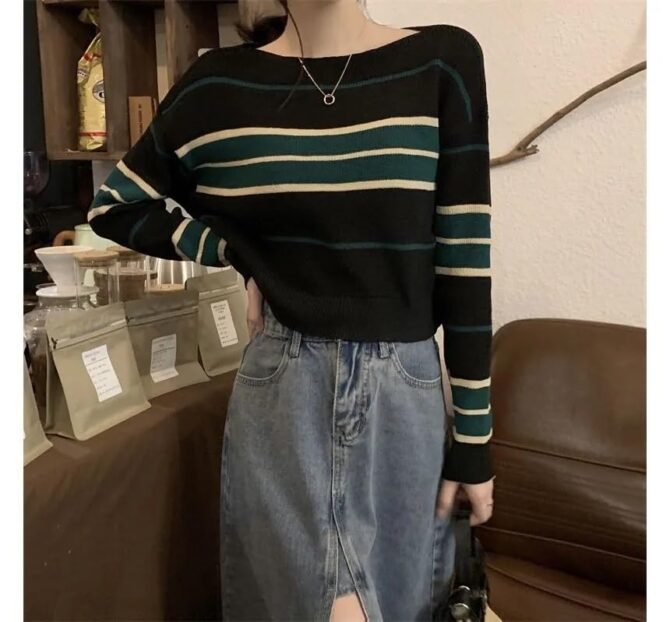 ICW Acrylic Women's Knit Loose Fit Boat Neck Drop Shoulder Crop Top Pullover Sweater (ONE Size Fit Bust 32-36 INCH) (Black) - Image 2