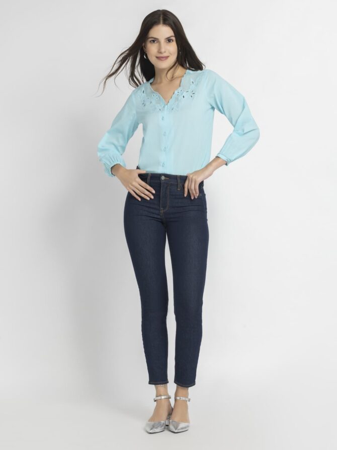 SHAYE V-Neck Blue Color Embroidered 3/4 Sleeve Casual Tops for Women - Image 5