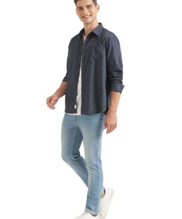 JOVEN Men's Navy Blue Printed Full Sleeve Shirt | Regular Fit | Pure Cotton | Casual Shirts for Men
