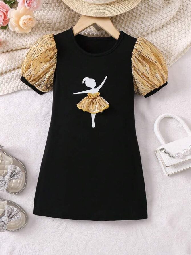 ER Fashion Casual Cotton Blend Fit And Flare Fit And Flare Knee Length Ruffle Short Sleeves Dress For Girls (In, Age, 5 Years, 6 Years, Regular, Baby Girls, Black) - Image 5