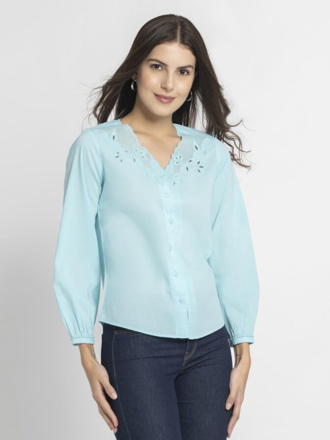 SHAYE V-Neck Blue Color Embroidered 3/4 Sleeve Casual Tops for Women - Image 7