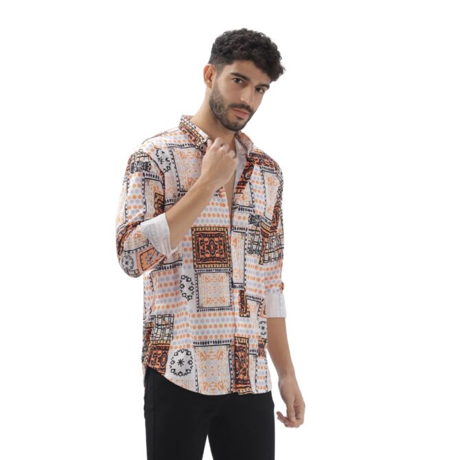 USTAAD Geometric Printed White & Orange Full Sleeve Shirt for Men's - Stylish Men's Shirt with Geometric Design | Regular fir Shirt for Casual and Outing