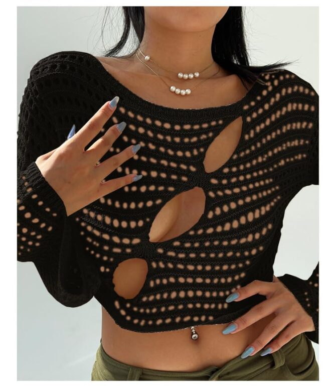 FURN ASPIRE Women's Crochet Crop Top Vintage-Inspired, Knitted Jumper with Long Sleeves, Loose fit, and a Crew Neck – Ideal Fashionable 4 Cover-up. - Image 5