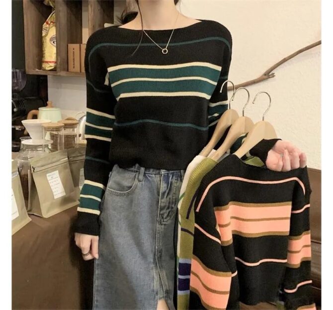 ICW Acrylic Women's Knit Loose Fit Boat Neck Drop Shoulder Crop Top Pullover Sweater (ONE Size Fit Bust 32-36 INCH) (Black) - Image 3