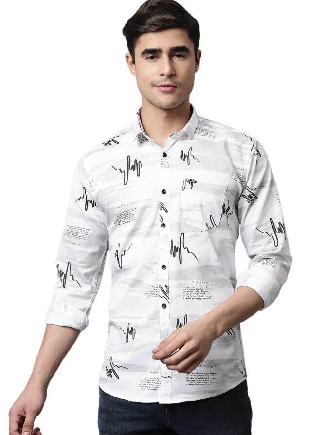 Majestic Man Cotton Printed Slim Fit Casual Shirt For Men (White, Medium)