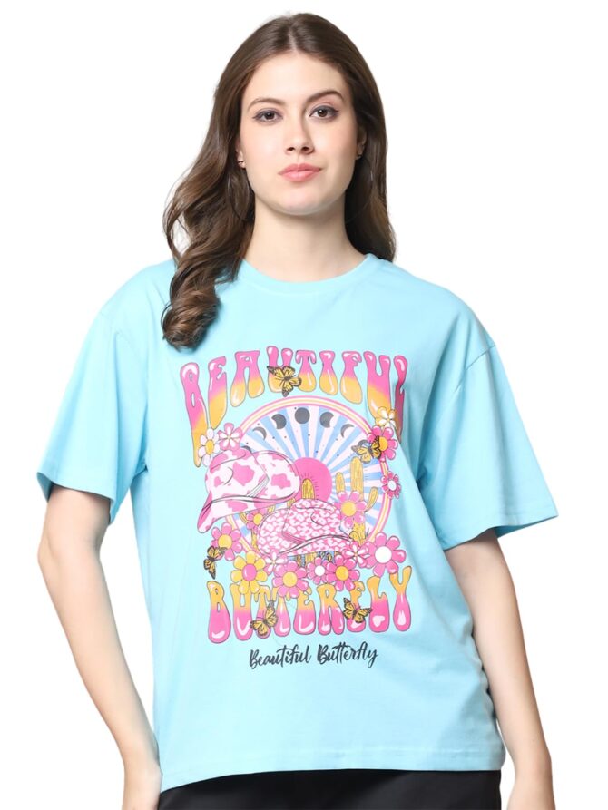 Preneum 100% Pure Cotton Oversized Loose Baggy Fit Drop Shoulder Half Sleeve Round Neck Cool Front Trendy Printed T-Shirt for Women/Girls (in, Alpha, 2XL, Plus, Blue & Black & Pink) - Image 7