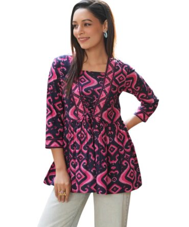 NAINVISH Women's Blue & Rose Floral Printed A-line Cotton Blend Square Neck Top (SD670_T-XXL)