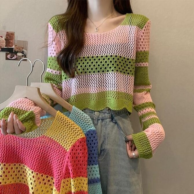 ICW Women's Korean Style Knitted Sheer Crochet Long Sleeve Hollow Out Colour Block Print Crop Top T-Shirt Sweater (One Size Fit XS-S-M Bust 32-36 Inch) 29 Multicolour - Image 2