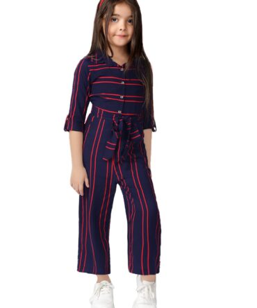 Naughty Ninos Girls Navy Blue & Red Striped Basic Jumpsuit(NEW0578DRS_Navy Blue_3-4 Years)