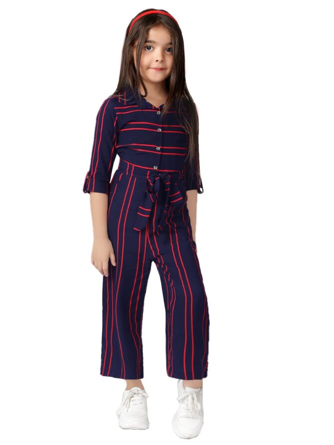 Naughty Ninos Girls Navy Blue & Red Striped Basic Jumpsuit(NEW0578DRS_Navy Blue_3-4 Years)