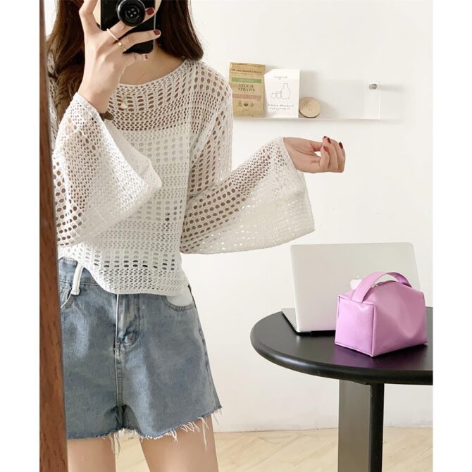 MYSTIFY Women®Short Openwork Sunscreen Knitted Pullover Women Summer Seaside Resort Loose Design Sense Long-Sleeve Sweater Top (White) - Image 7