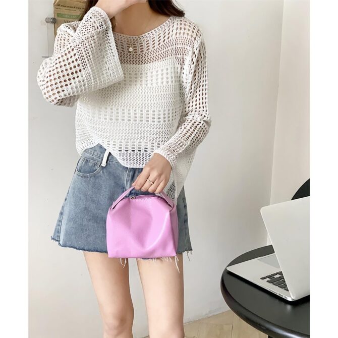MYSTIFY Women®Short Openwork Sunscreen Knitted Pullover Women Summer Seaside Resort Loose Design Sense Long-Sleeve Sweater Top (White) - Image 5