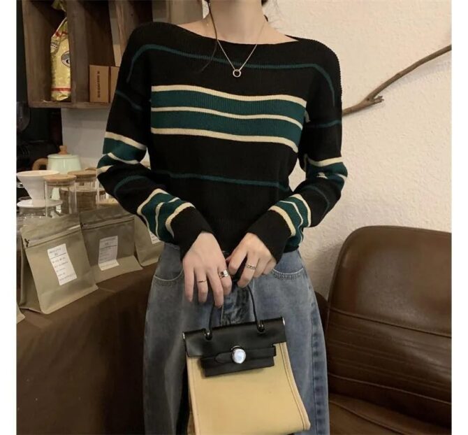 ICW Acrylic Women's Knit Loose Fit Boat Neck Drop Shoulder Crop Top Pullover Sweater (ONE Size Fit Bust 32-36 INCH) (Black) - Image 5