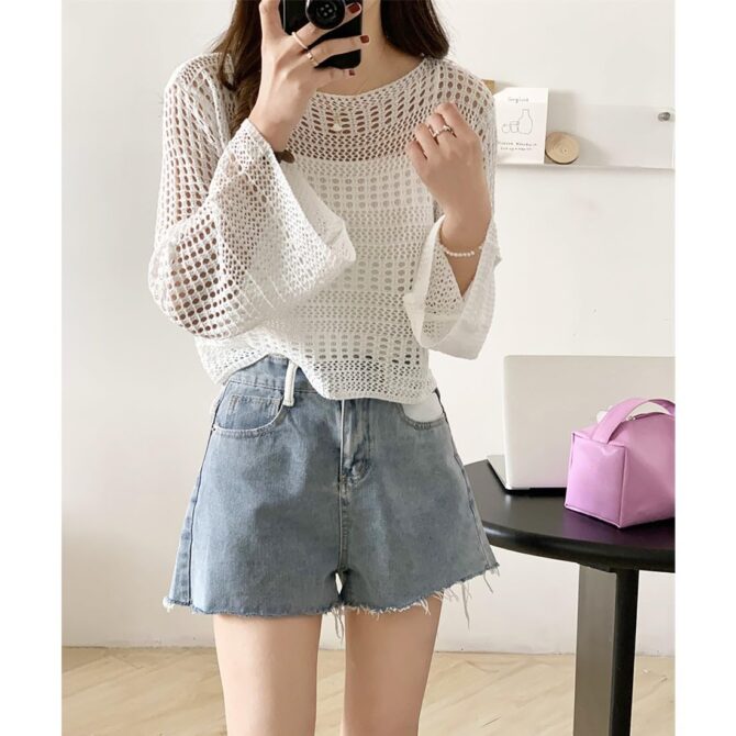 MYSTIFY Women®Short Openwork Sunscreen Knitted Pullover Women Summer Seaside Resort Loose Design Sense Long-Sleeve Sweater Top (White) - Image 4