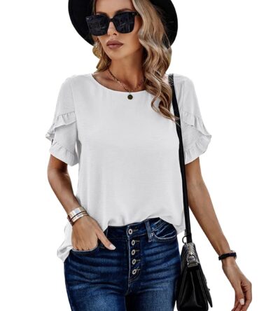 Sugathari Elegant Top, Women's Solid Petal Sleeve Round Neck Ruffle Trim Top II Tops for Women/Girls (TOP 118 WHITE-2XL)