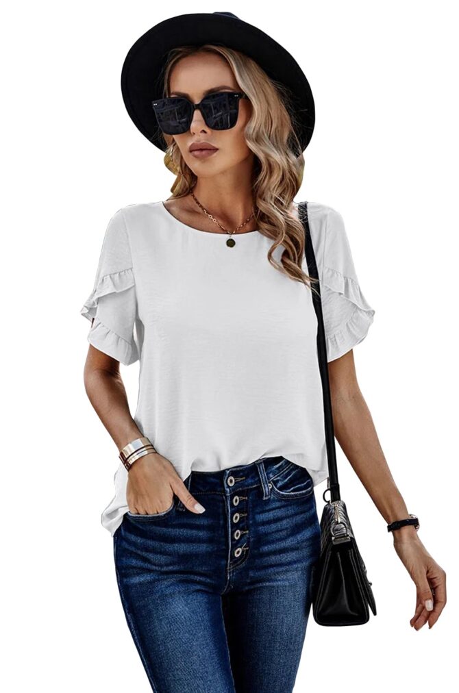 Sugathari Elegant Top, Women's Solid Petal Sleeve Round Neck Ruffle Trim Top II Tops for Women/Girls (TOP 118 WHITE-2XL)
