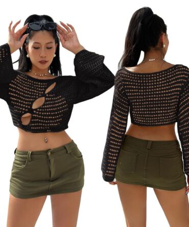 FURN ASPIRE Women's Crochet Crop Top Vintage-Inspired, Knitted Jumper with Long Sleeves, Loose fit, and a Crew Neck – Ideal Fashionable 4 Cover-up.
