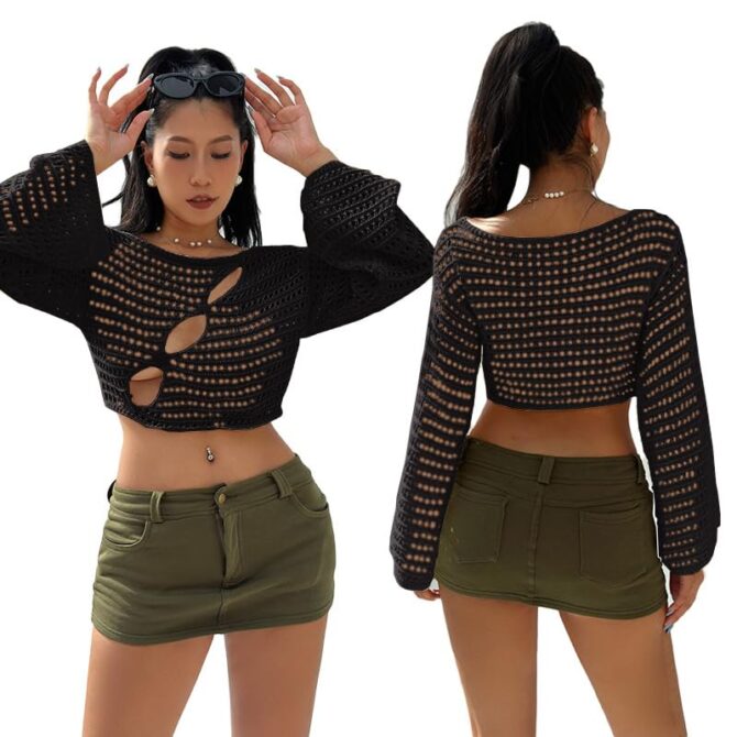 FURN ASPIRE Women's Crochet Crop Top Vintage-Inspired, Knitted Jumper with Long Sleeves, Loose fit, and a Crew Neck – Ideal Fashionable 4 Cover-up.