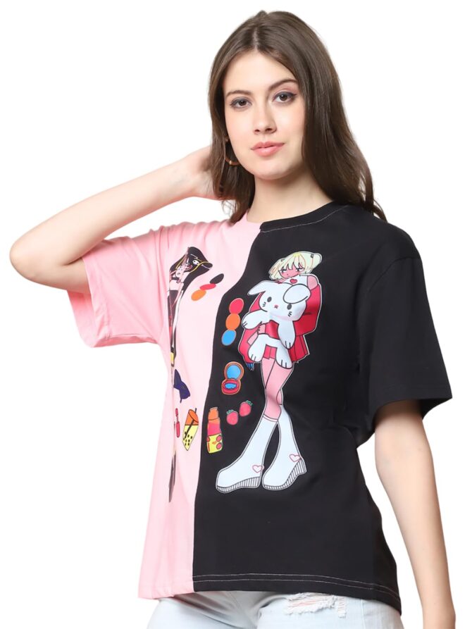 Preneum 100% Pure Cotton Oversized Loose Baggy Fit Drop Shoulder Half Sleeve Round Neck Cool Front Trendy Printed T-Shirt for Women/Girls (in, Alpha, 2XL, Plus, Blue & Black & Pink) - Image 2