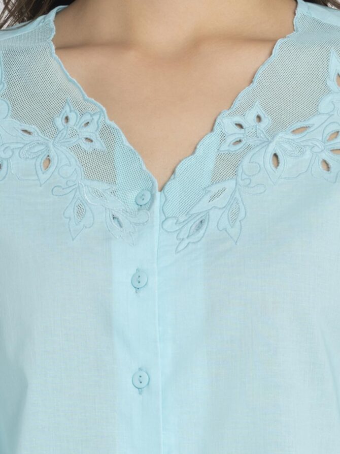 SHAYE V-Neck Blue Color Embroidered 3/4 Sleeve Casual Tops for Women - Image 4