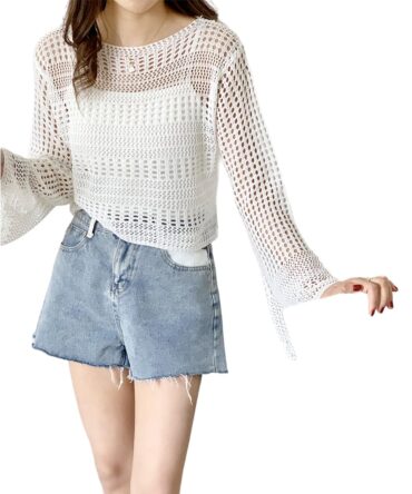 MYSTIFY Women®Short Openwork Sunscreen Knitted Pullover Women Summer Seaside Resort Loose Design Sense Long-Sleeve Sweater Top (White)