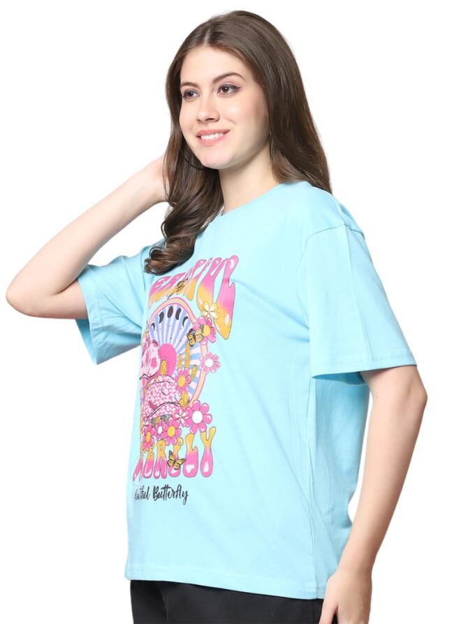 Preneum 100% Pure Cotton Oversized Loose Baggy Fit Drop Shoulder Half Sleeve Round Neck Cool Front Trendy Printed T-Shirt for Women/Girls (in, Alpha, 2XL, Plus, Blue & Black & Pink) - Image 5