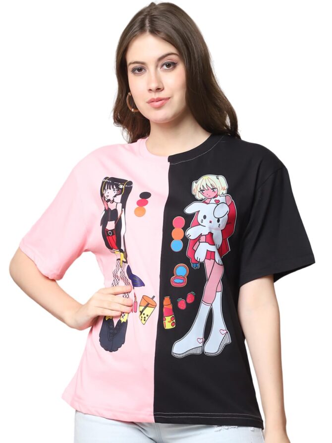 Preneum 100% Pure Cotton Oversized Loose Baggy Fit Drop Shoulder Half Sleeve Round Neck Cool Front Trendy Printed T-Shirt for Women/Girls (in, Alpha, 2XL, Plus, Blue & Black & Pink) - Image 4