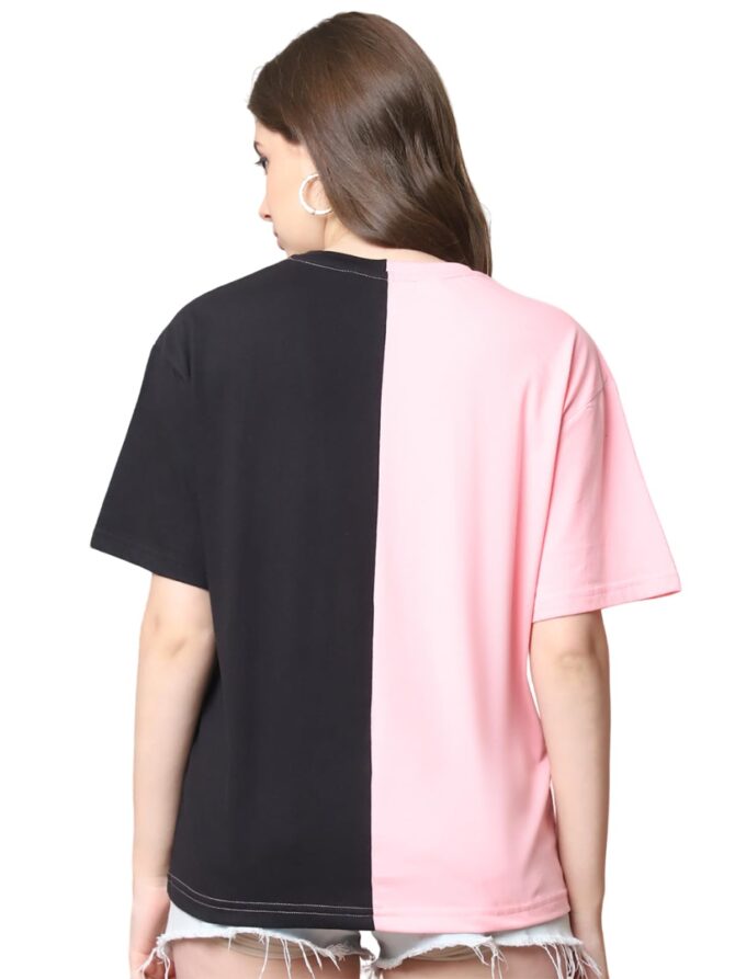 Preneum 100% Pure Cotton Oversized Loose Baggy Fit Drop Shoulder Half Sleeve Round Neck Cool Front Trendy Printed T-Shirt for Women/Girls (in, Alpha, 2XL, Plus, Blue & Black & Pink) - Image 3