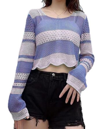 ICW Women's Korean Style Knitted Sheer Crochet Long Sleeve Hollow Out Colour Block Print Crop Top T-Shirt Sweater (One Size Fit XS-S-M Bust 32-36 Inch) 29 Multicolour
