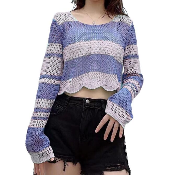 ICW Women's Korean Style Knitted Sheer Crochet Long Sleeve Hollow Out Colour Block Print Crop Top T-Shirt Sweater (One Size Fit XS-S-M Bust 32-36 Inch) 29 Multicolour