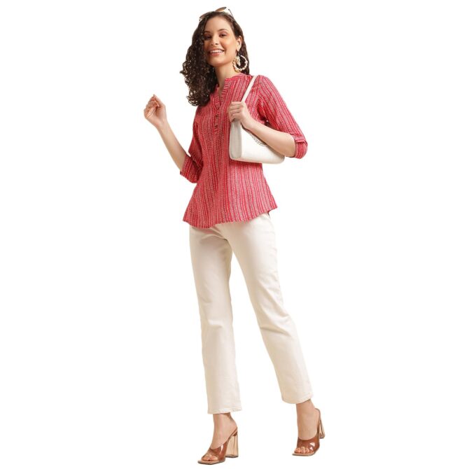NAINVISH Women's Cotton Blend Mandarin Neck Regular Fit Printed Top (SD497_L_Red) - Image 3