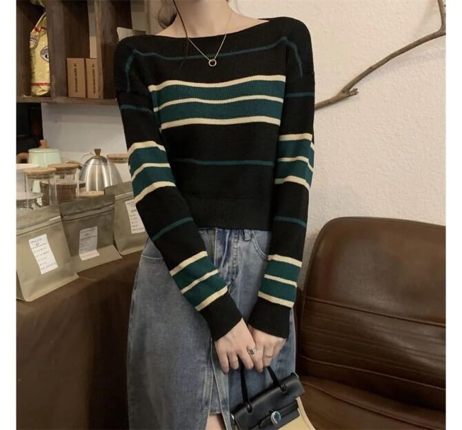 ICW Acrylic Women's Knit Loose Fit Boat Neck Drop Shoulder Crop Top Pullover Sweater (ONE Size Fit Bust 32-36 INCH) (Black) - Image 6